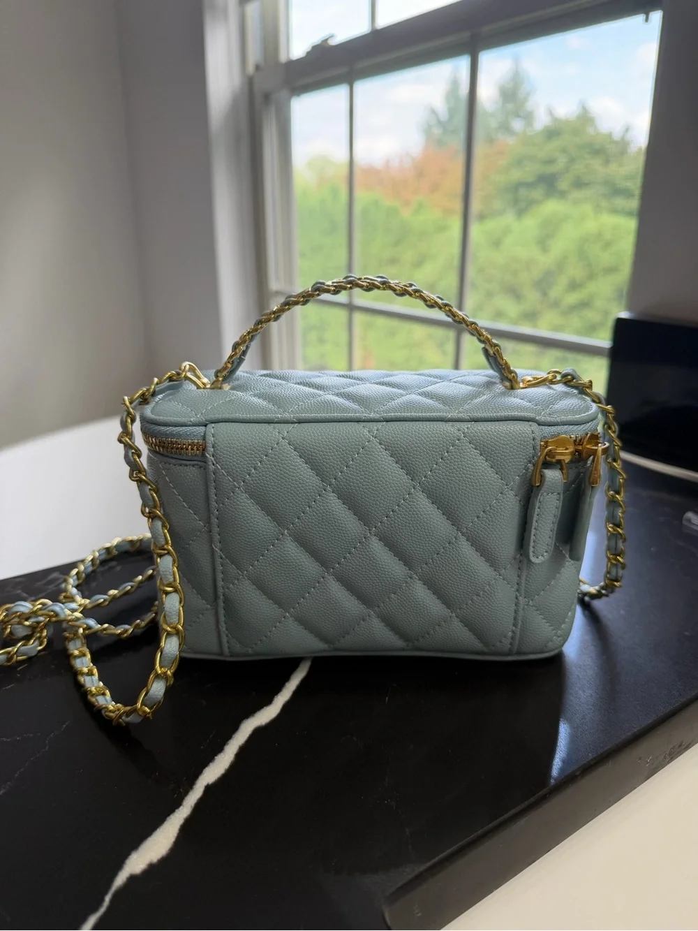 CHANEL Light Blue Quilted Vanity Crossbody with Gold Hardware